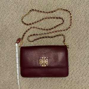 Tory Burch Burgundy Red Mini Crossbody Chain Pebbled Leather Bag